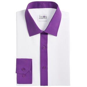 Tayion Collection Mens Purple Trim Solid Button Down Dress Shirt, White, NWT
